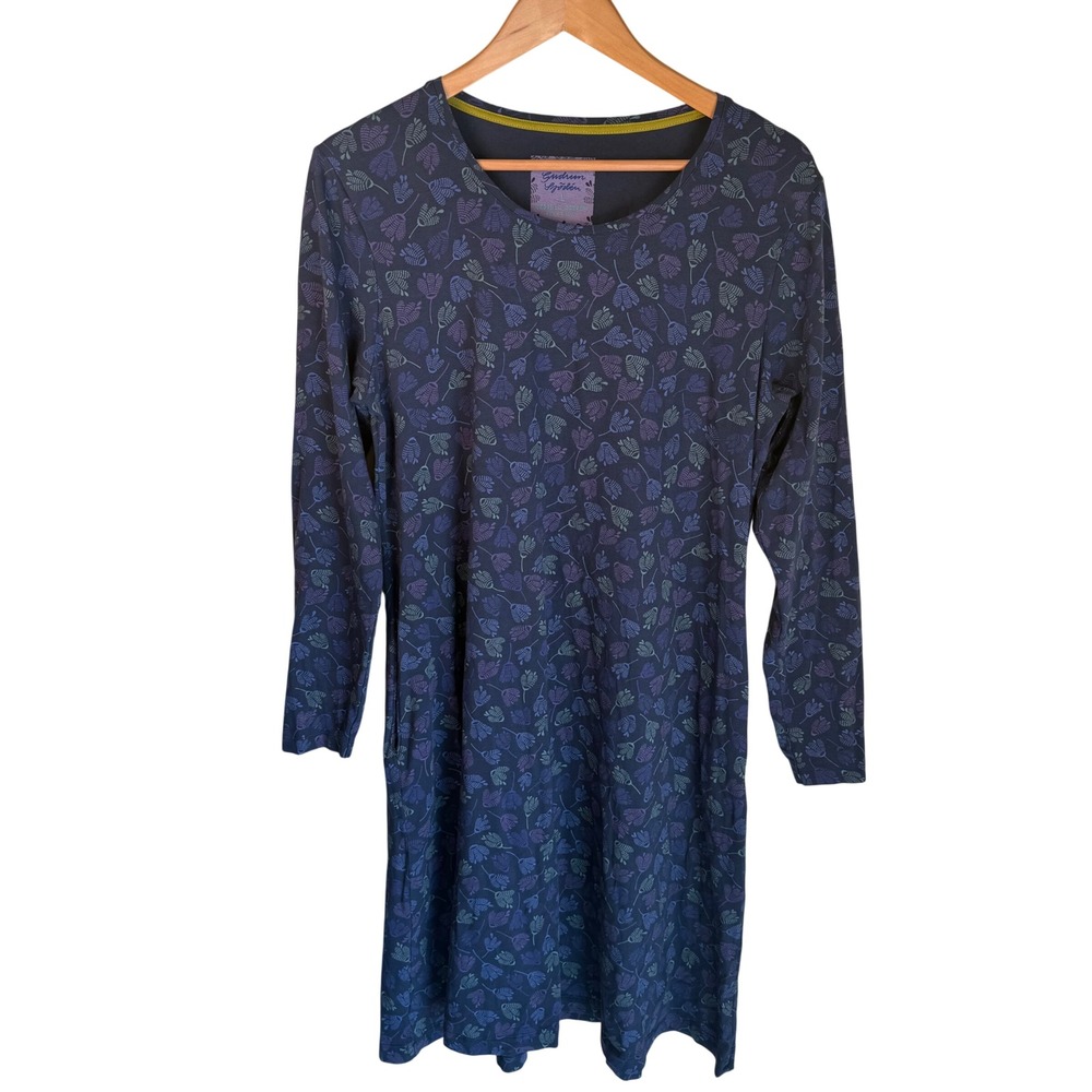Gudrun‎ Sjoden Organic Cotton Dress Womens LG Pockets Leaf Print Lagenlook Boho